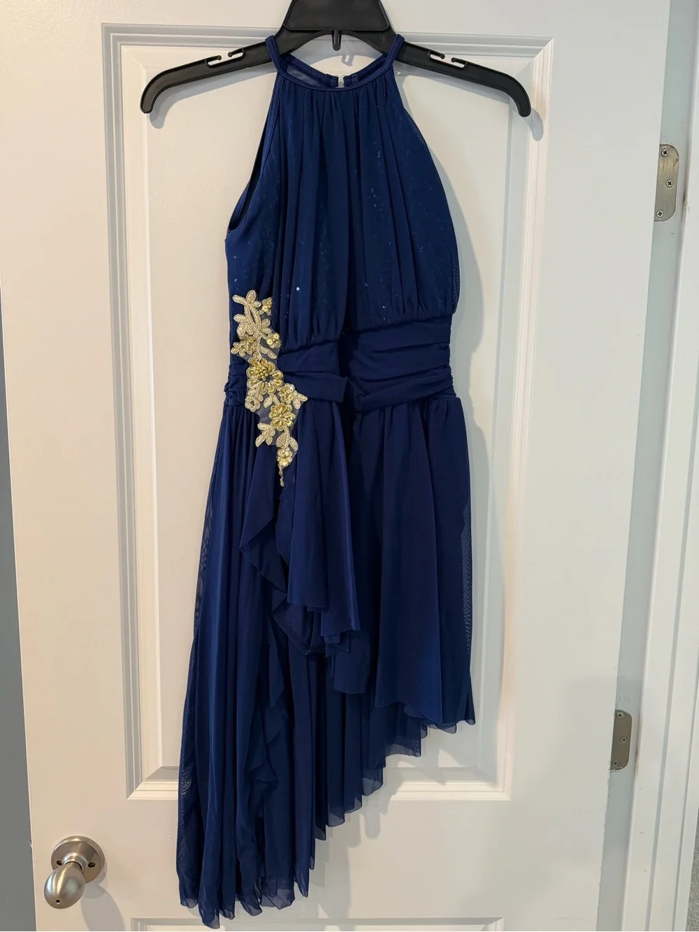 Navy Halter Asymmetrical Costume with Gold Floral Appliqué
